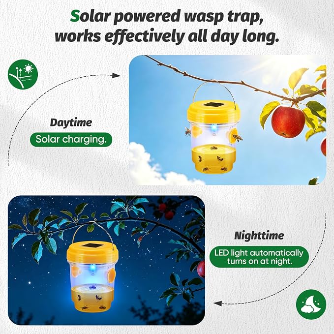 Wasp Traps Outdoor Hanging, Solar Wasp Trap for Hunting Wasps, Bees, Hornets, Insects, Carpenter Bee Traps for Outside, Reusable Wasp Traps, Bee Killer and Wasp Catcher for Outside 4 Pack