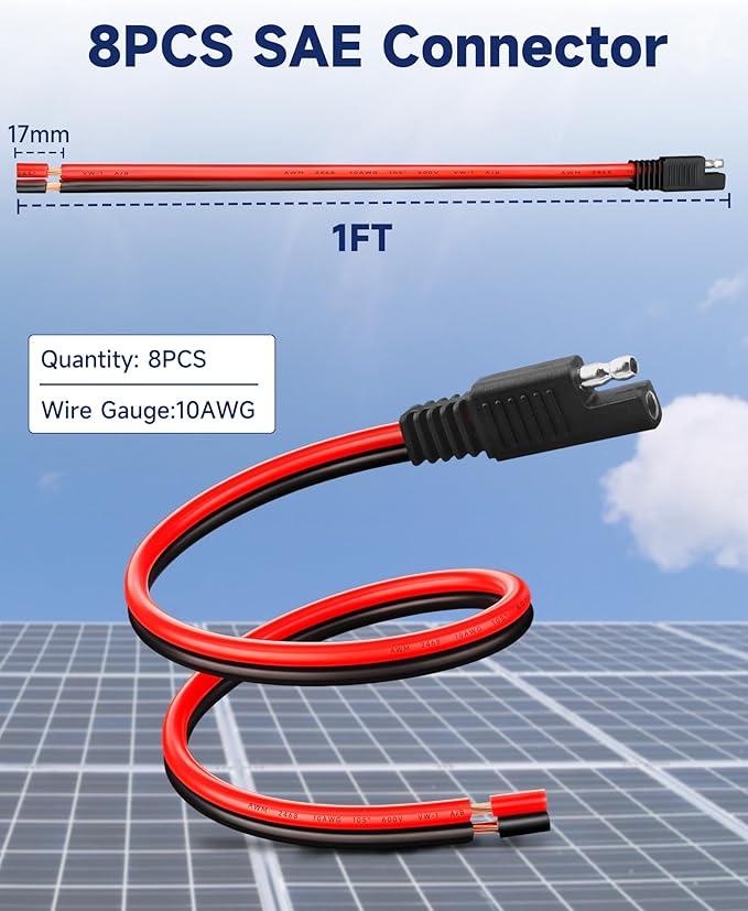 8 Pack 10AWG SAE Connector Extension Cable, 1FT 2 Pin Quick Disconnect Wire Harness, SAE Single Plug for Solar Panel Motorcycle RV Tractor Car Battery Charger