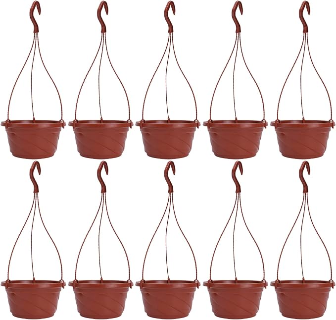 DOITOOL 10 Sets Plastic Hanging Planter Pots Small Hanging Flower Pot, Orchid Pots 6.7 Inch Chain Baskets for Outdoor Indoor Plants and Balcony Decoration (Coffee)