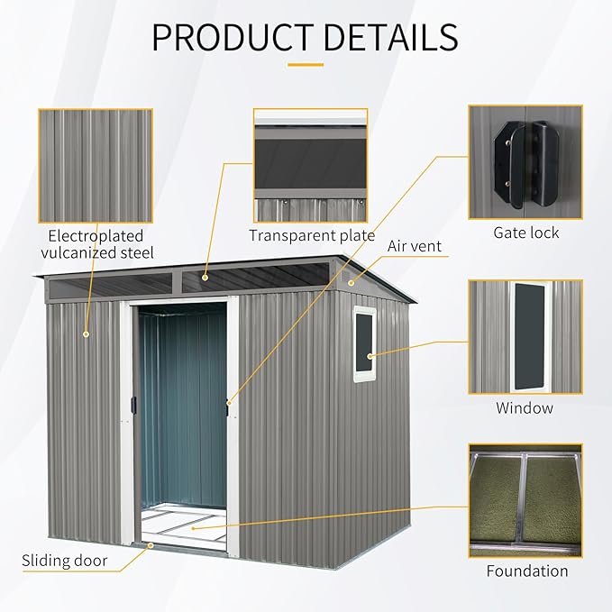 YOPTO 8FT x 6FT Outdoor Metal Storage with Window,Lockable Sliding Doors and Transparent Plate,Waterproof Cabinet w/Ventilation & Foundation,Garden Organizer Tool House for Backyard Patio,Gray