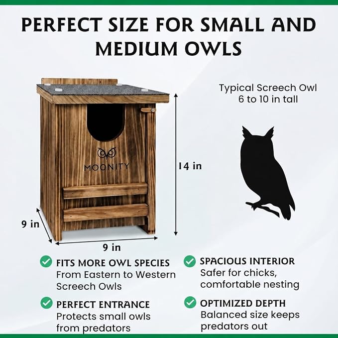 MOONITY Fire-Treated Cedar Owl House with Asphalt Roof – 14" x 9" x 9" All-Season Nesting Box for Screech, Kestrel & More – Durable, Weatherproof & Easy to Install