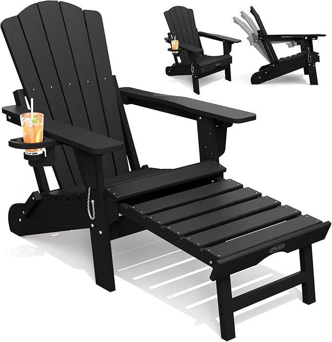 THOEOE Folding Adjustable Adirondack Chairs with Ottoman & 1 Cup Holders, HDEP Multifunctional Adirondack Chair with Footrest,Black