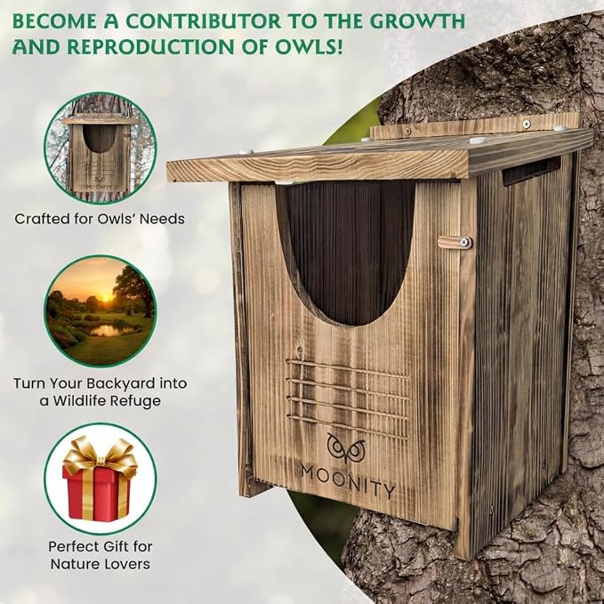 MOONITY Large Fire-Treated Cedar Owl House – 16" x 12" x 12" All-Season Nesting Box for Barn & Screech – Durable, Weatherproof & Easy to Install