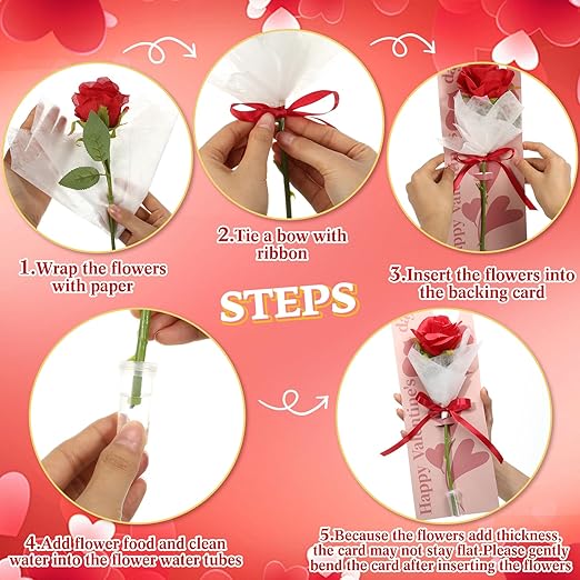 Eaasty 48 Set Valentine's Day Themed Single Rose Card Sleeve Gift Packaging Flower Holder with Floral Water Tubes Ribbon Floral Tissue Paper for Rose Packing
