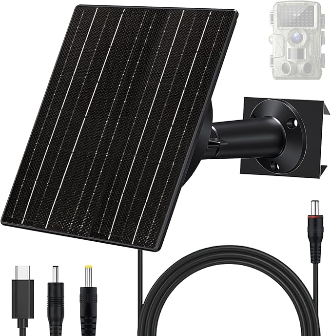 FUTUREZEN Solar Panel for Trail Camera, 10W Solar Battery Charger with 10400mAh Battery, 5V/12V Adjustable Output, USB-C & DC Plugs, IP66 Waterproof, 360° Adjustable Mount, 9.8ft Cable