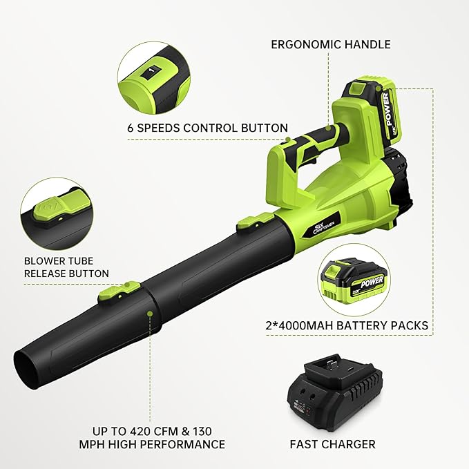 Leaf Blower Cordless, 21V Cordless Leaf Blower with 2×4.0Ah Batteries & Fast Charger, 6-Speed, Powerful Lightweight Electric Blower Kit for Lawn, Patio, Car Drying and Light Snow, Lightweight Handheld