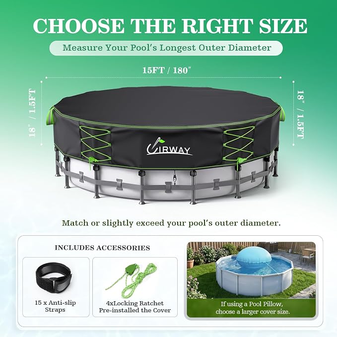 Uirway 600D Heavy duty 15ft Round Pool Covers For Above Ground Pools, Solar Pool Cover Windproof Ratchet Locking System & Reflective Drawstring, Weatherproof Hard Pool Covers UV Protection with Straps