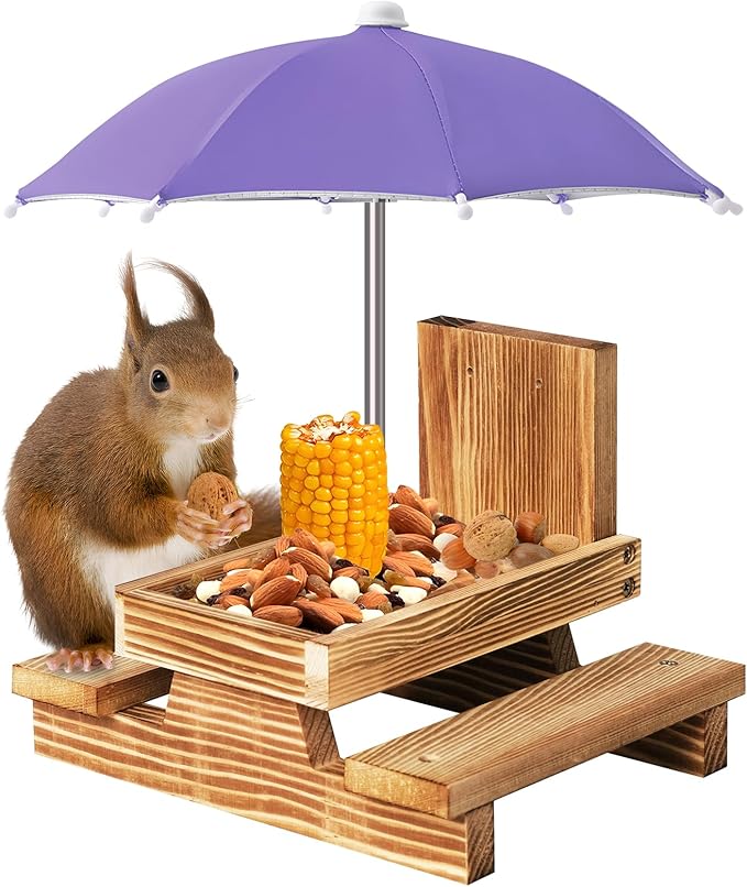 Gnodary Squirrel Feeder with Umbrella, Squirrel Feeders for Outside, Squirrel Picnic Table Feeder - Chipmunk Feeder Hold Corn, Corn Cob, Peanuts Style2 (Purple)
