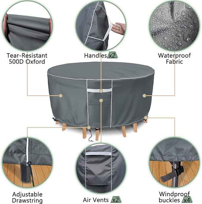 Gasadar Outdoor Round Patio Table Cover Waterproof, Round Patio Furniture Cover Outdoor for Table and Chairs,600D Heavy Duty, 72" Dia x 28" H, Grey