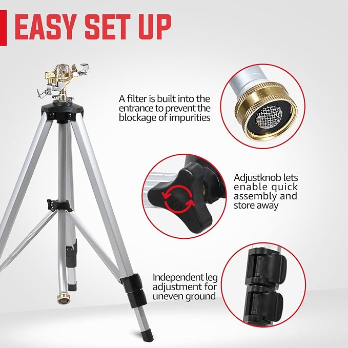 YAMATIC Tripod Impact Sprinkler for Yard Large Area, Heavy Duty Metal Lawn and Garden Sprinkler, 18"-36" Adjustable Height, 20°-360° Rotation Control, 3/4" Brass Quick Connect for Garden Hose, 1 Pack