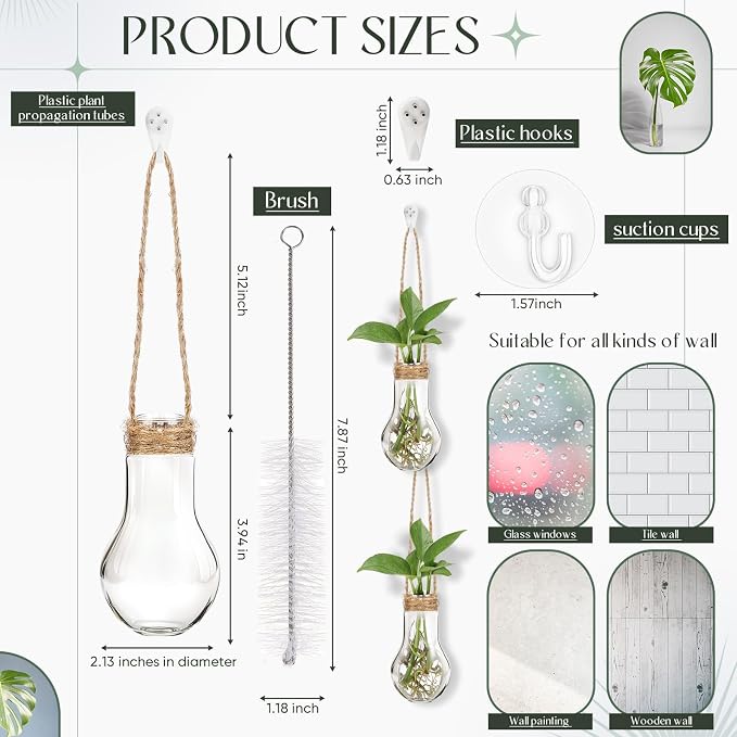 Baderke 9 Sets Window Propagation Stations 3.9 Inch Plastic Hanging Plant Propagation Vases with Hooks & Cleaning Brush Clear Tubes for Plant Clippings, Home Office Decor, Gardening Gifts for Women