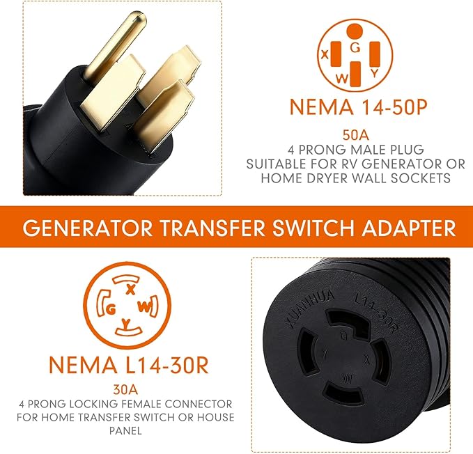 Kanayu NEMA 14-50P to L14-30R 50amp to 30amp Generator Adapter 4 Prong 50amp Generator Male Plug to 4 Prong 30amp Locking Female, Generators to House Inlet Box Adapter(Black)