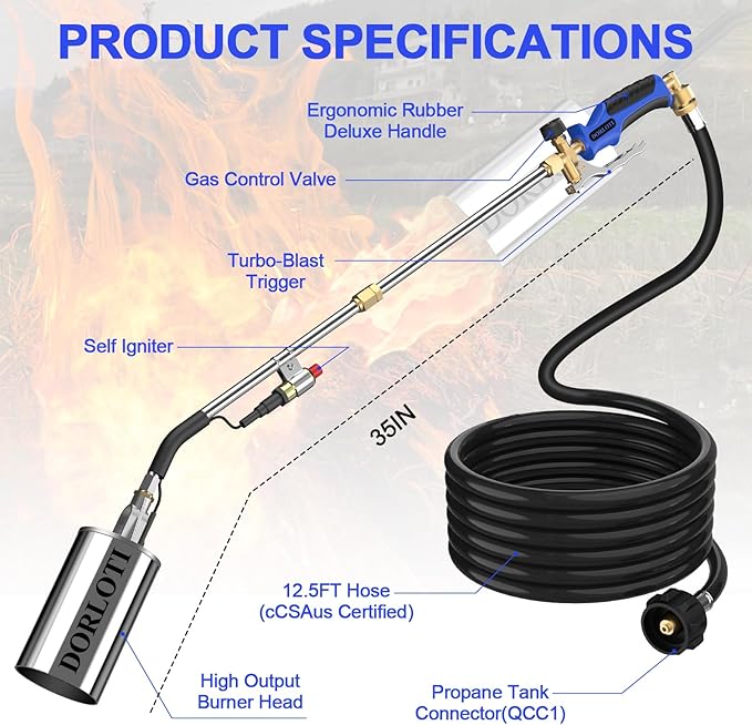 Propane Torch Weed Burner Kit, High Output with Long/Short Mode & Storage Bag,12.5FT Hose Heavy Duty Blow Torch Flamethrower with Self Igniter and Turbo Trigger for Weeding,Roofing,Melting Ice,BBQ