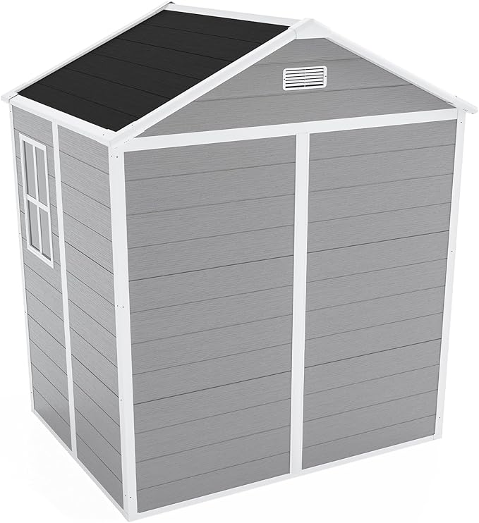YOPTO 6x5 FT Resin Storage Shed,Garden House with Floor & Lockable Door,Waterproof Plastic Tool Sheds W/Slanting Roof Visual Window & Air Vents for Bicycles,Lawnmowers,Lawn,All Weather Use,Gray