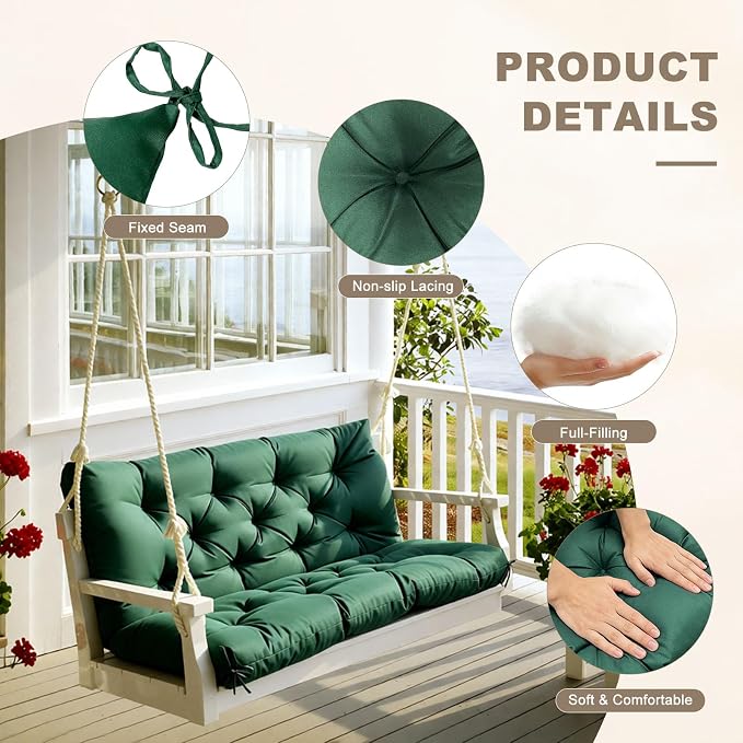 Porch Swing Cushion with Backrest,Waterproof Bench Cushion for Outdoor Furniture,2-3 Seater Replacement Thickened Swing Cushion with Ties,Patio,Outdoor,Backyard and Garden (Dark Green,40x40)