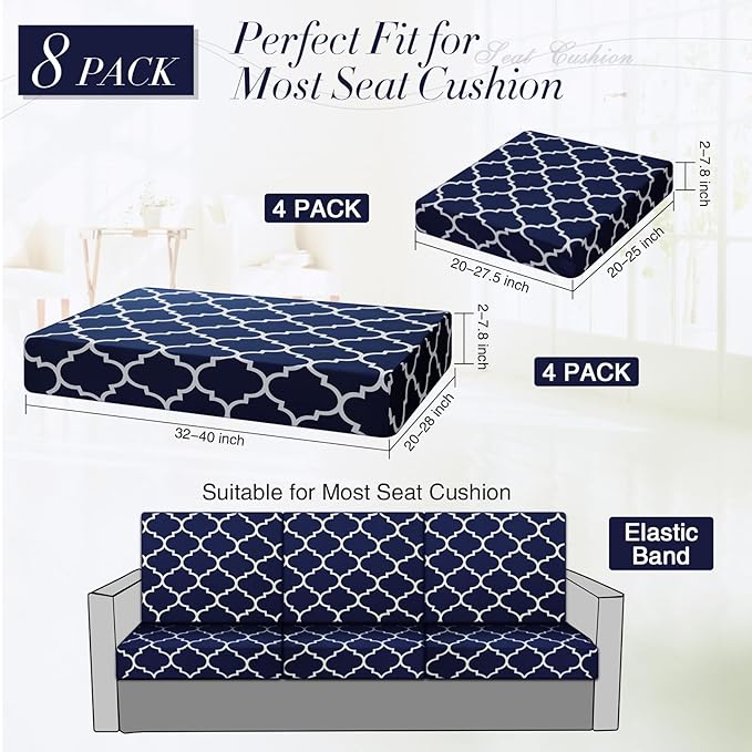 Newwiee 8 Pcs Stretch Patio Outdoor Cushion Covers Waterproof Replacement Sofa Couch Covers for 4 Backrests and 4 Cushions Washable Lawn Garden Seat Furniture Protector(Navy Blue)