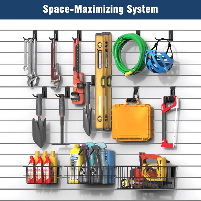3-H Slatwall Accessories 24 Pack and Slatwall Baskets 3 Pack, Slatwall Wave Hooks & Hangers Multi Sizes for Use in Garage, Workshop, Store, and Studio for Organization and Display