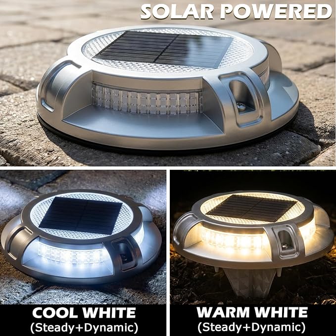 SIEDiNLAR Solar Driveway Lights Outdoor 4 Modes 40 LEDs Dock Driveway Markers Deck Light Waterproof for Step Ground Walkway Pathway Yard Garden, White/Warm Dynamic Lighting (12 Pack)