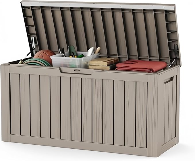 80 Gallon Deck Box, Waterproof Resin Outdoor Storage Box with Lockable Lid, Patio Storage Box with Fade Resistant for Patio Furniture Cushions, Pool Accessories, Garden Tools, Light Coffee