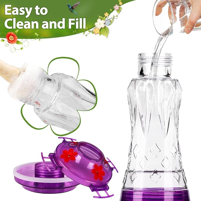 BOLITE Glass Hummingbird Feeders for Outdoors Hanging, Built-in Ant Moat, 4 Bee Guard Feeding Ports with Perches, Leak Proof, 15 Ounces, Stars Decor, Purple, Gifts for Women Men, Gifts for Mom Dad