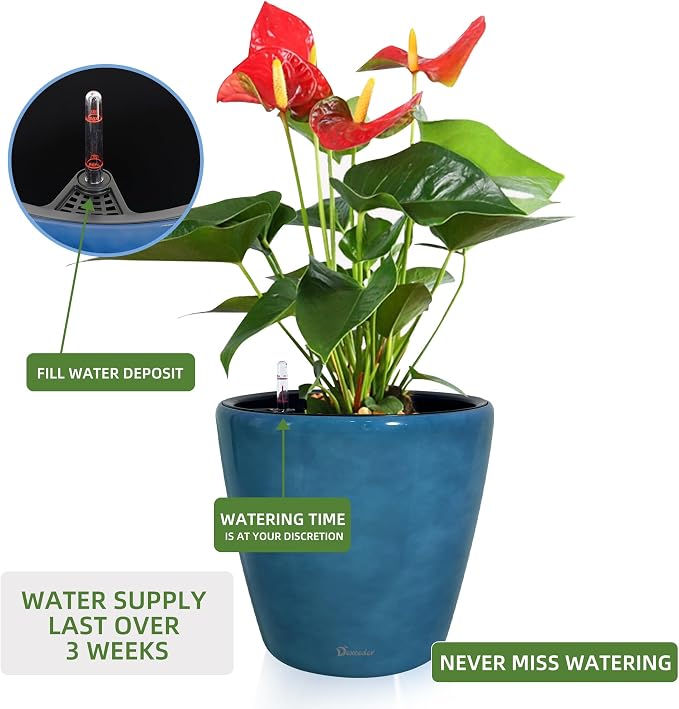 Dexceder 15x14 Self Watering Planter with Wheels (Peacock Blue Gradient) | Inner Pot Design, Thickened Large Floor Standing Flower Plant Pot with Water Level Indicator Indoor Outdoor