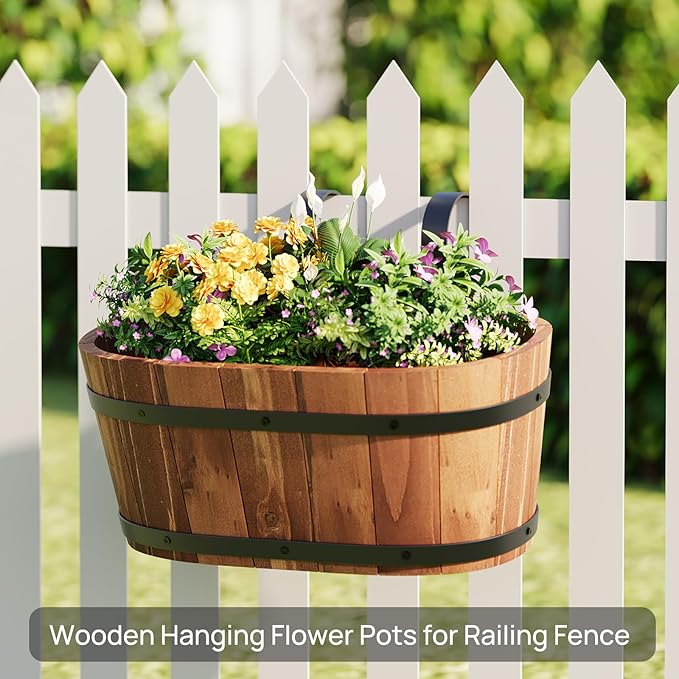 2pcs Wooden Hanging Flower Pots for Railing Fence Outdoor Planter Railing Planter Boxes for Plants Wall Planters Window Flower Box Hanging Bucket Pots Countryside plant Holder (Brown,2pcs,Large)