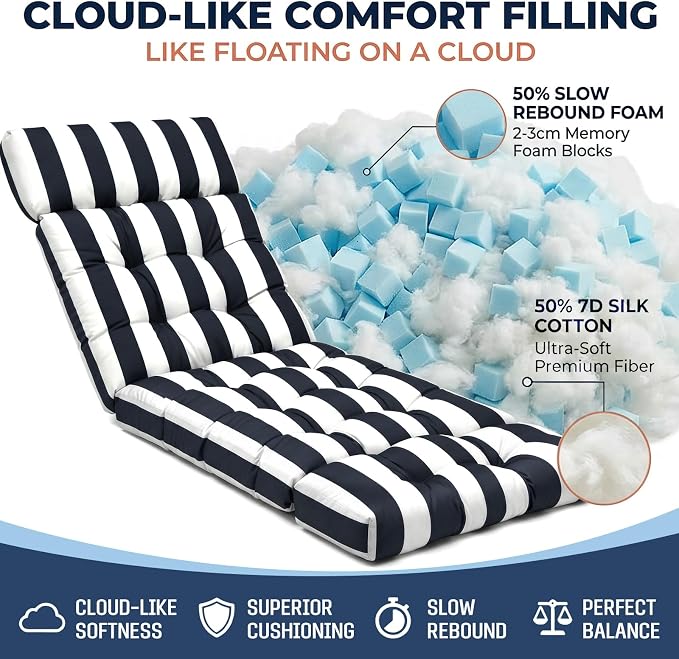 MAGIC ELEPHANT Chaise Lounge Cushion Outdoor, Memory Foam Patio Lounge Chair Cushion with Ties for Indoor Outdoor Furniture, Water-Repellent Replacement Long Chair Cushion (Black Stripe)
