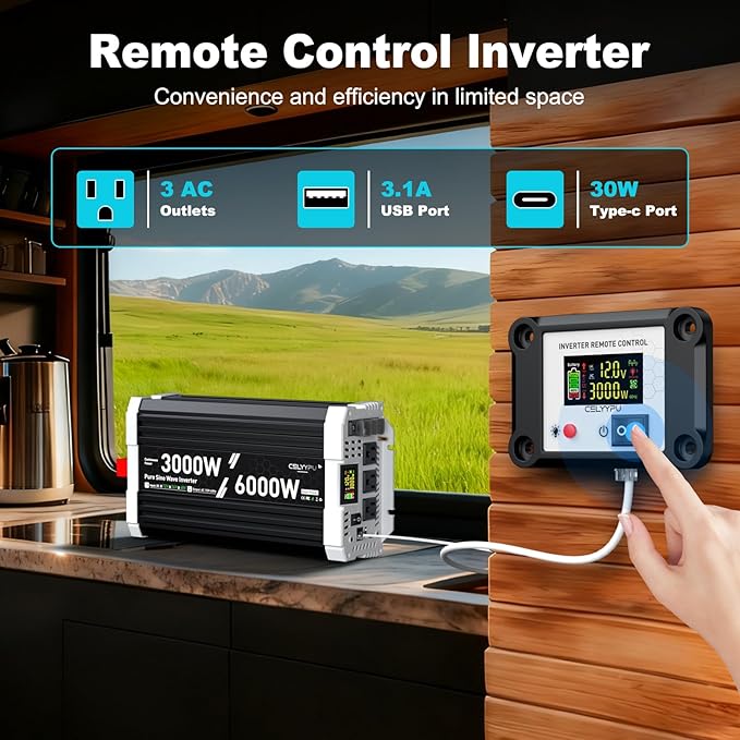 3000 watt Pure sine Wave Inverter, 12V DC to 110V AC Power Inverter, with 3 AC Output sockets, USB Port, Type-C Port, Remote Control with LCD Screen, Used for Solar Emergency Power Supply in RV Homes