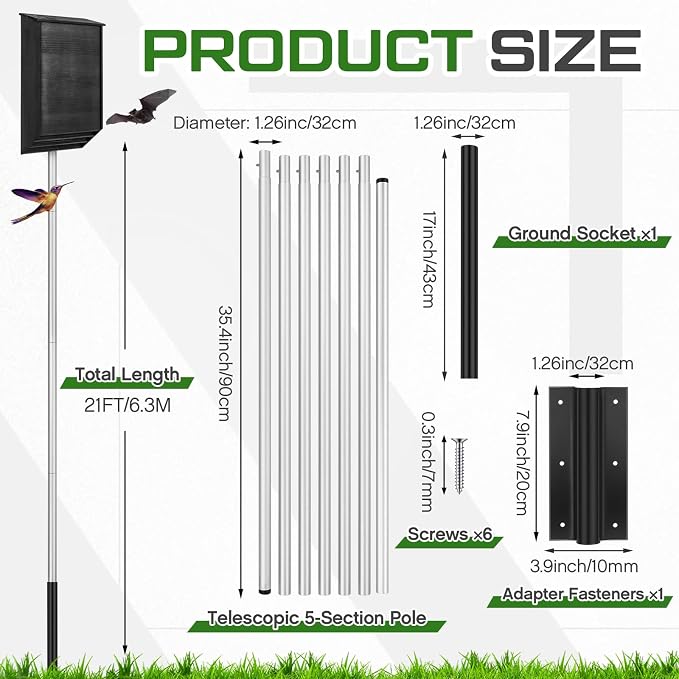Yaocom 21 FT Telescoping Purple Martin House Pole,Aluminum Bat House Kit with Ground Socket, Adjustable Heavy Duty 7-Section Round Pole, Purple Martin Bird Accessories for Outdoors (Silver)