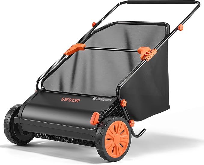 VEVOR Push Lawn Sweeper, 26 in Leaf & Grass Collector with 7 cu. ft. Hopper Bag, Adjustable Brush Height & Spinning Brushes, Heavy Duty Yard Sweeper with Rubber Wheels for Leaves Grass Cleanup