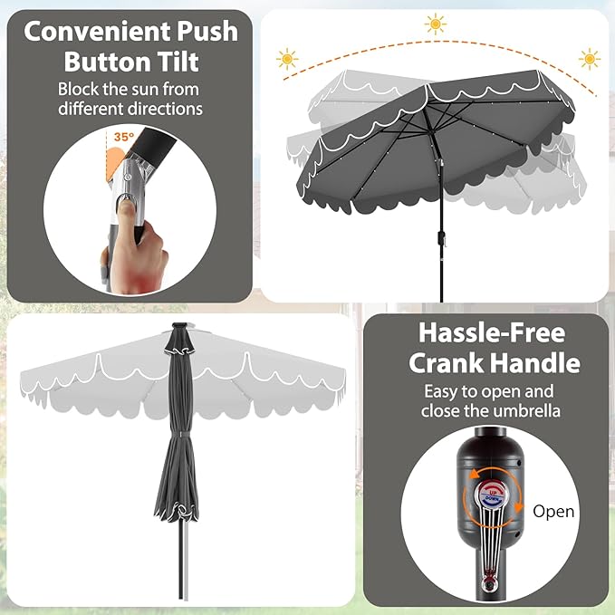 Tangkula 10FT Solar LED Patio Umbrella, 2-Tiers Scalloped Outdoor Table Market Umbrella with 24 LED Lights, Vented Top, Tilt Adjustment, Crank, 8 Ribs for Backyard Poolside Deck Beach Lawn (Gray)