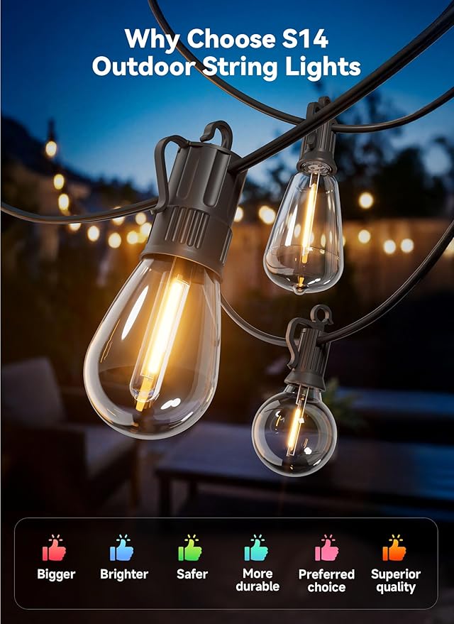 Minetom 80FT Outdoor String LED Patio Lights Waterproof, 24 Shatterproof S14 Vintage Edison Bulbs,Commercial Grade Outside Hanging Lights Waterproof for Porch Deck Garden Backyard Balcony Cafe Bistro