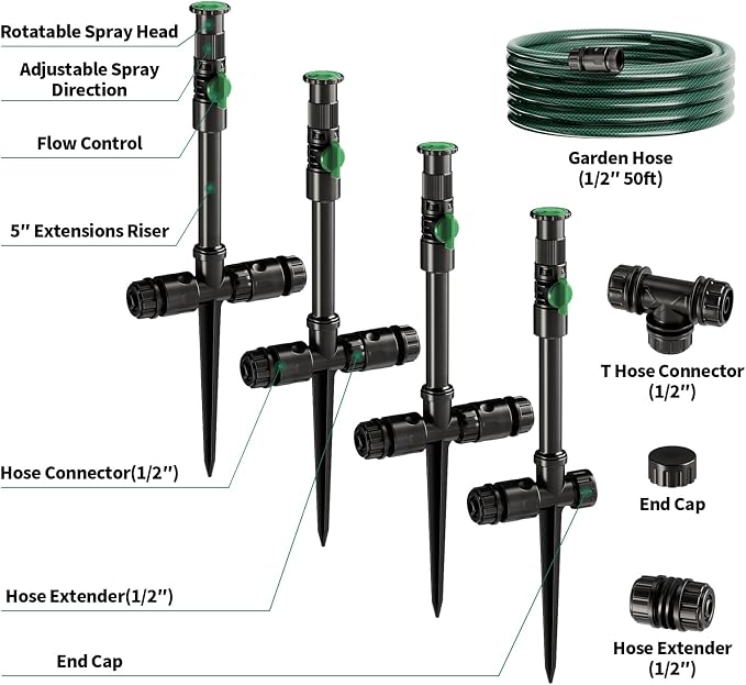 Flexible Sprinkler System, Above Ground DIY Irrigation Kit | Multi-Adjustable Lawn Sprinkler Set, Ideal for Plant and Flower Bed Watering, 50ft Garden Hose Included