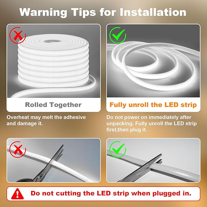 Gliztech IP67 Waterproof COB LED Strip Lights AC 110V-120V Direct Plug, 66FT Super Bright Outdoor Strip Lights with Double Fuse Controller, 6500K White LED Strips for Garden Patio Commercial Decor