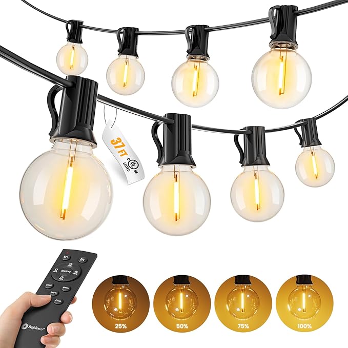 Brightown 37Ft Outdoor String Lights with Remote, 11 G40 Shatterproof LED Bulbs, Waterproof Connectable Hanging Patio Lights for Porch, Backyard, Bistro, Deck, Balcony, Home Decor, 2700K Dimmable