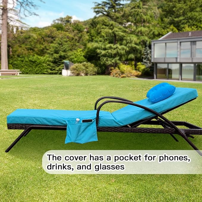 Replacement Covers for Outdoor Chaise Lounge Cushions, 80 x 26 x 3 Inch Patio Lounge Chair Cushion Covers–Waterproof, Fade-Resistant, with 2 Pockets & Inflatable Headrest (Cover Only) Sky blue