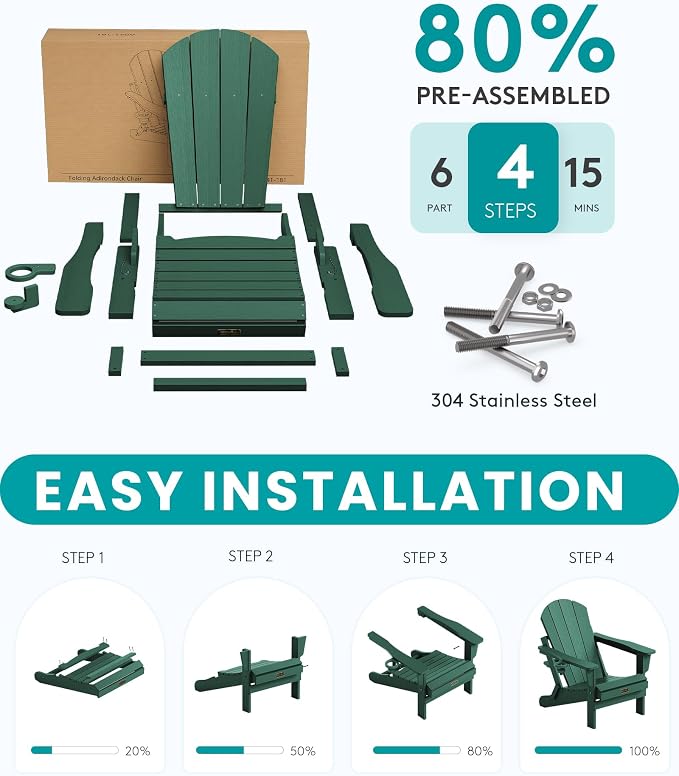 SERWALL Folding Adirondack Chair Outdoor Adirondack Chairs with Cup Holder Weather Resistant Patio Chair Weather Resistant for Patio Deck Garden, Backyard Deck, Fire Pit - Green