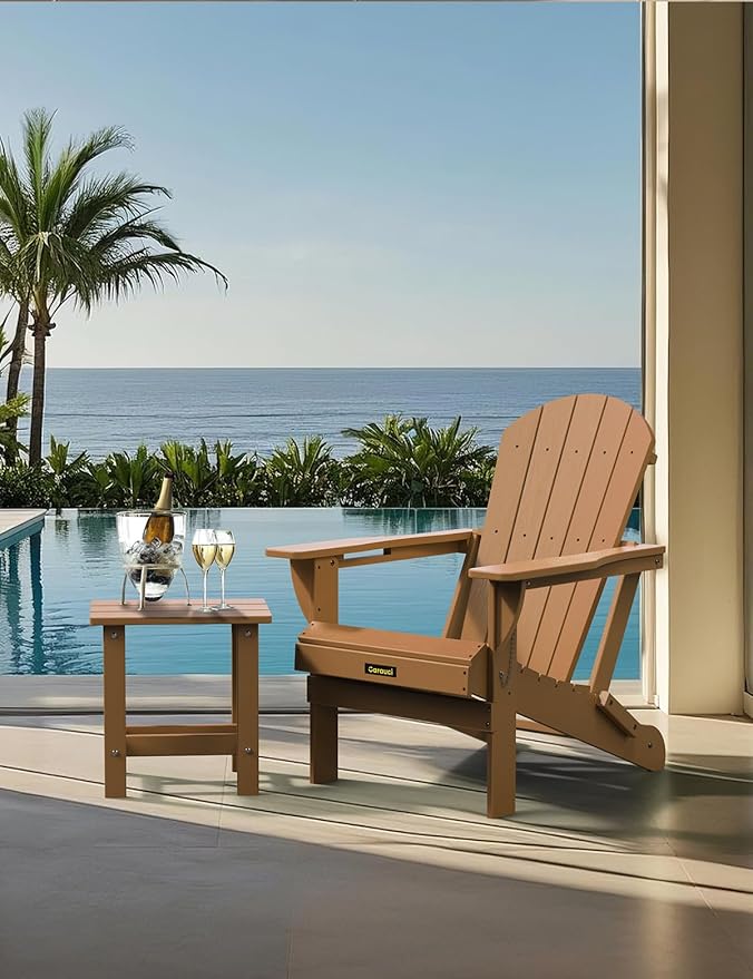 Carauci Plastic HDPE Adirondack Chair, Folding Adirondack Chair Weather Resistant with Cup Holder, Wooden Textured Fire Pit Outdoor Chair for Garden, Porch, Lawn, Backyard, Supports 380LBS, Teak