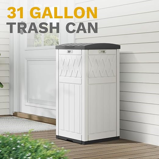 DWVO 38 Gallon Outdoor Trash Can, Resin Garbage Can with Tiered Lid and Drip Tray, Waterproof Trash Bin for Patio, Kitchen, Backyard(Grayish-White)