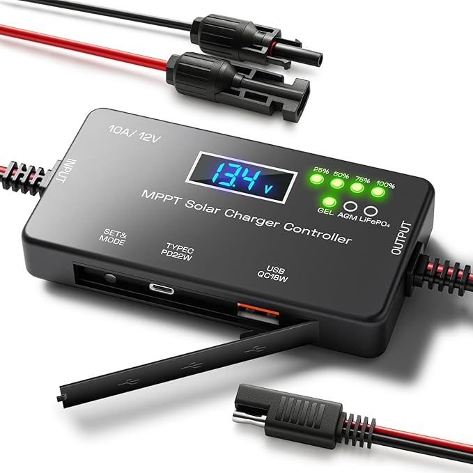 MPPT Solar Charge Controller 12V 10A, Solar Panel Regulator with LCD Display, Type-C & USB Charging Ports, Compatible with LiFePO₄, Lithium, Gel, AGM Battery for RV Boat Marine Off-Grid System