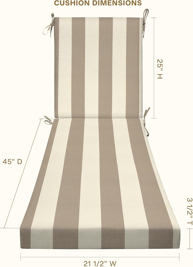 Honeycomb Outdoor Chaise Lounge Cushion for Patio Furniture, Water & Fade Resistant, Removable Cover, 21.5 x 70, Heritage Cabana Stripe Tan