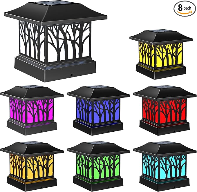 8 Pack Solar Post Cap Lights, Outdoor Fence Solar Powered Cap with 4 Lighting Modes Waterproof Light Decorative for Deck Patio or Garden Decor, Fits 4x4 Wood Vinyl Posts (Tree-Pattern Design)