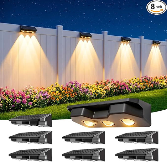 Solar Fence Lights Outdoor 8 Pack, Warm White & RGB Color Changing Fence Lights Solar Powered with Brighter LED Focus Lens, IP65 Waterproof Fence Lights Solar for Wall Deck Patio Porch Step Pool