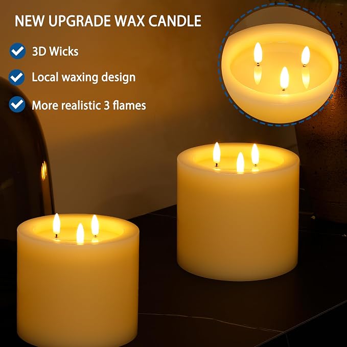 Extra Large Flameless Candles, 6"x6" Battery Operated Candles with Remote, Real Wax 3 Wick Led Candles with 3D Flickering Flame, Fake Candle for Home Decor (Ivory)