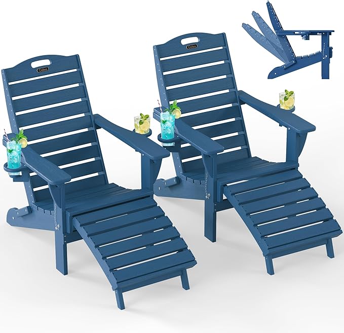 Ciokea Folding Adirondack Chair Set of 2 with Retractable Ottoman Fire Pit Patio Chair with Pull Out Foot Rest Weather Resistant Lawn Outdoor Chair with 2 Cup Holder (Navy Blue)