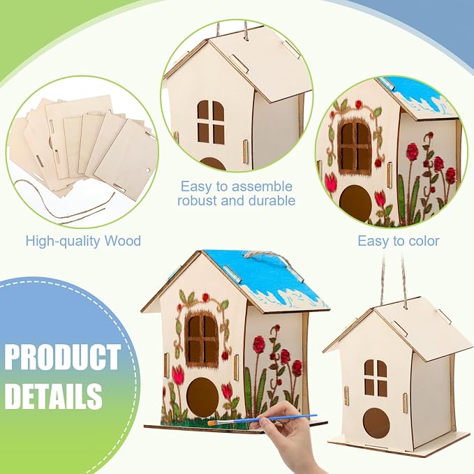 DoubleFill 12 Pcs Bulk Wooden Bird Houses Kits for Kids Mini Bird House for Craft DIY Unfinished Wood Birdhouse to Paint, Build for Children Wooden Arts Classroom Activity, 4 Styles