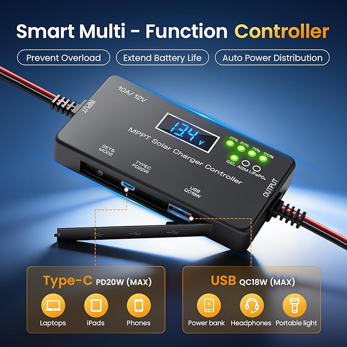 MPPT Solar Charge Controller 12V 10A, with LCD Display & Type-C/USB Output, Compatible with LiFePO4, AGM, Gel Batteries, Zero Battery Drain Technology for Off-Grid Solar System