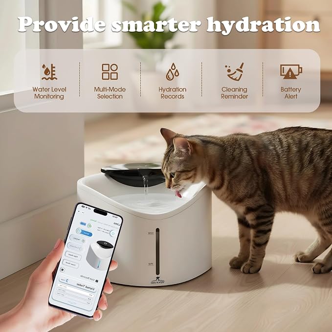 Wireless Cat Water Fountain with Smart App Monitoring, BPA-Free Ensure Safety, 2.5L/84oz Pet Water Fountain, Increase Water Intake, Ultra-Quiet Automatic Cats Dog Dispenser with Hydration Tracking