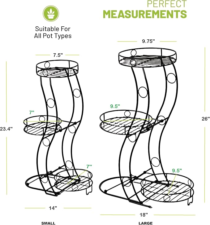 2-Pack Heavy Duty Metal Plant Stand Set (Large & Small) - No Assembly Required - 3 Tier Corner Plant Shelf for Indoor Outdoor - 26" & 23.4" H Wrought Iron Flower Pot Holder Display Rack, Rustproof Black