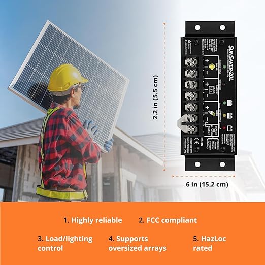 Morningstar SunSaver 20A PWM Solar Charge Controller (SS-20L-12V) - Solar Panel Regulator for 12V Batteries, Four Stage Battery Charging, LVD, HazLoc Rated, Low Noise, 5 Year WTY - Designed in the USA